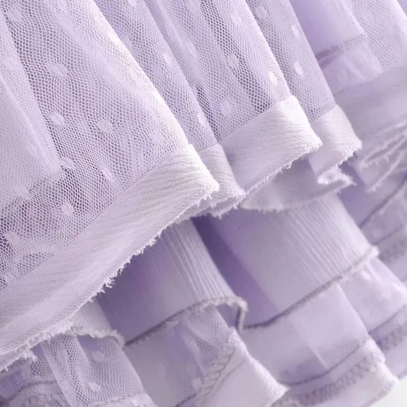 Lilac Layered Mesh Skirt Backless Halter Boho Beach Mini Dress - Picture 14 of 16